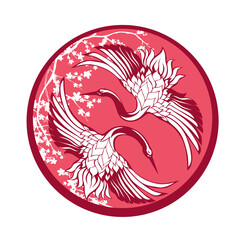 two japanese crane birds with spread wings inside round vector emblem with sakura branch
