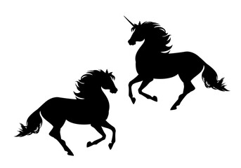Fototapeta na wymiar black and white vector silhouette outline set of running mustang and fairy tale unicorn horse