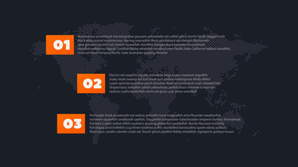 Fototapeta premium 3 steps infographics. World map vector background for web page, global business, template, sample, infographics, travel. Gray orange white illustration