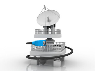 3d rendering Satellite Dish and spaceship connected AUX cable