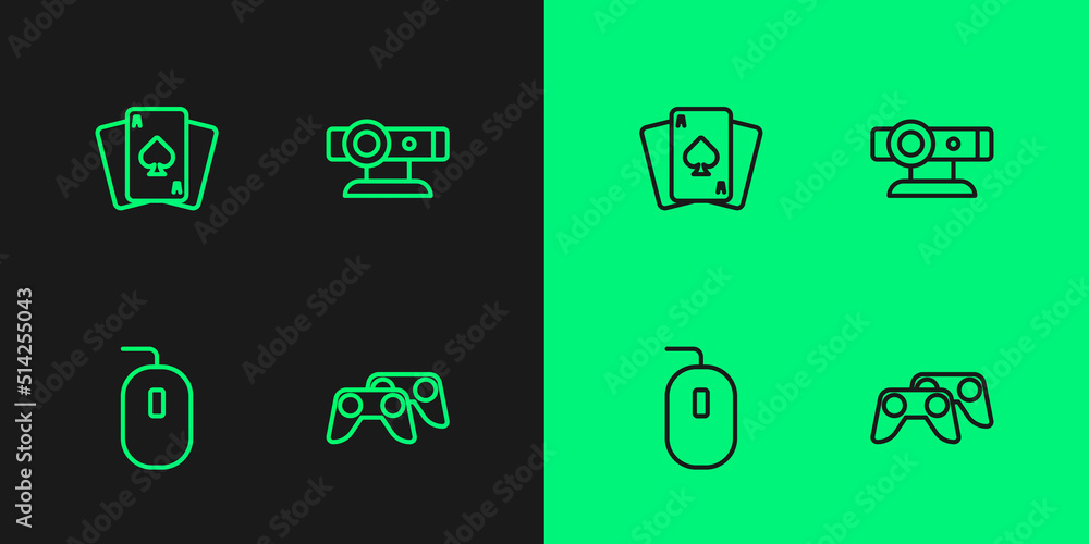 Poster set line game controller or joystick, computer mouse, playing cards and web camera icon. vector