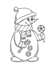 Coloring book snowman line art. Cute winter character in hat with lollipops. Hand drawn vector black and white illustration.
