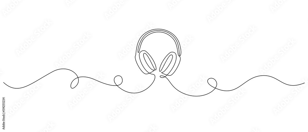 Poster One continuous line drawing of headphone speaker. Music element for listening songs and playlist in simple linear style. Editable stroke. Doodle vector illustration