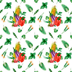 Seamless pattern with autumn vegetables hand-painted in watercolor on a white background. Cucumbers, tomatoes, herbs, hot pepper. Perfect for textiles, scrapbooking, kitchen decoration, design.