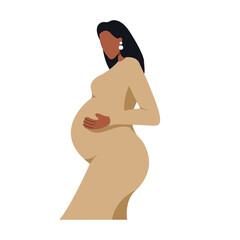 Happy beautiful pregnant woman in beige dress holds her belly. Motherhood concept. Vector flat illustration isolated on background.