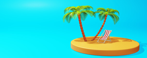 Abstract summer travel vacation rest. Chaise lounge palm trees on the island surrounded by sea water. 3d