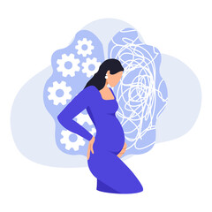 Happy beautiful pregnant woman in blue dress holds her belly on blue background with brainstorm. Motherhood concept. Vector flat illustration isolated on background.
