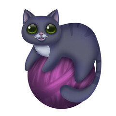 Cat on a ball of thread isolated on white background. Cute illustration.