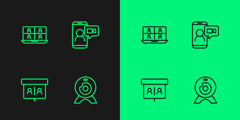 Set line Web camera, Video chat conference, and icon. Vector