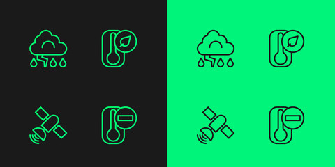 Set line Thermometer, Satellite, Cloud and lightning and icon. Vector