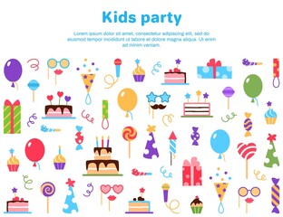 Kids Birthday party web page template with text space on white background. Festive party elements present balloons cupcakes fire cracker gift box cake hat lollipop candy dessert vector illustration.