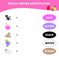 Match colors and pictures. Educational worksheet for preschool. Vector illustration.