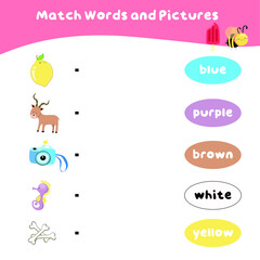 Match colors and pictures. Educational worksheet for preschool. Vector illustration.