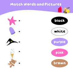 Match colors and pictures. Educational worksheet for preschool. Vector illustration.