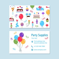 Party supplies colorful business card template. Event service visit card design. Bright celebrating flat elements for birthday carnival festival. Fun cake slice balloon candy gift vector illustration.