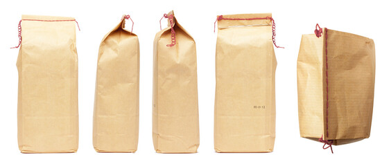 Paper bags. Brown paper bags for coffee, sugar, soda, flour, salt or cereals. Isolated on a white...
