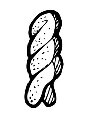 Baking in form of twisted spiral. Hand drawing outline. Isolated on white background. Loaf and bread sweet rolls. Monochrome drawing. Vector