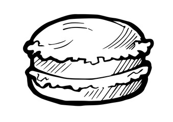 Burger in bun with herbs and meat. Hand drawing outline. Isolated on white background. Loaf and bread sweet rolls. Monochrome drawing. Vector