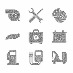 Set Toolbox, Multimeter, Tow truck, Car battery, Petrol or Gas station, headlight, brake disk with caliper and Automotive turbocharger icon. Vector