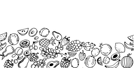 Garden fruits. Bottom border at edge. Continuous seamless picture. Edible food plants. Monochrome drawing. Hand drawing outline. Isolated on white background. Vector