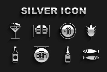 Set Street signboard with Bar, Hop, Dried fish, Champagne bottle, Beer, Alcohol 18 plus, Cocktail and Saloon door icon. Vector
