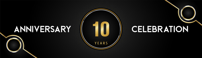 10 years anniversary celebration logotype with gold and silver circle dotted lines and frames on black background. Premium design for weddings, greetings cards, graduation, birthday party, ceremony.