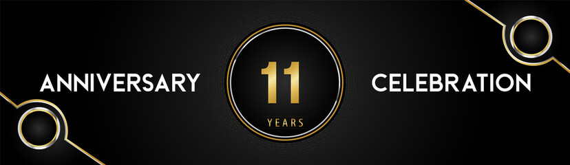 11 years anniversary celebration logotype with gold and silver circle dotted lines and frames on black background. Premium design for weddings, greetings cards, graduation, birthday party, ceremony.
