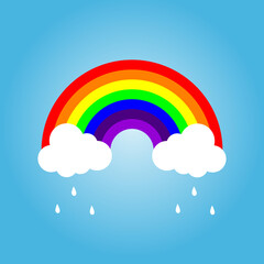Rainbow and clouds with water drop isolated sky blue background