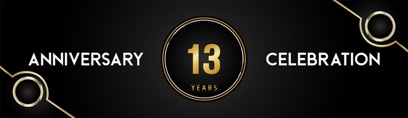 13 years anniversary celebration logotype with gold and silver circle dotted lines and frames on black background. Premium design for weddings, greetings cards, graduation, birthday party, ceremony.