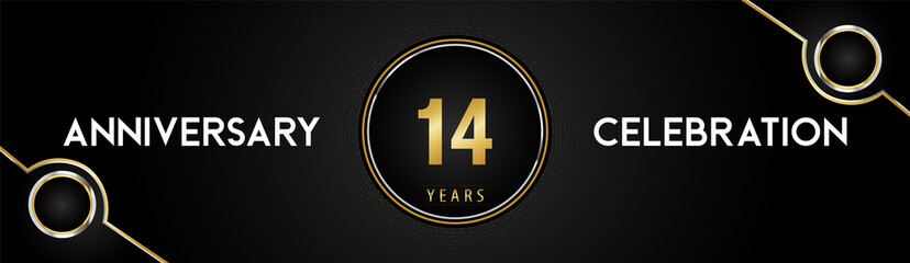 14 years anniversary celebration logotype with gold and silver circle dotted lines and frames on black background. Premium design for weddings, greetings cards, graduation, birthday party, ceremony.