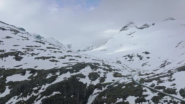 snow covered mountains in troll stigen road, Norway 
