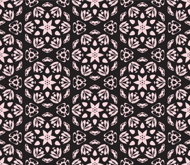 pink painted flowers and stars on black seamless pattern