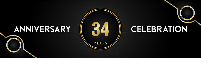 34 years anniversary celebration logotype with gold and silver circle dotted lines and frames on black background. Premium design for weddings, greetings cards, graduation, birthday party, ceremony.