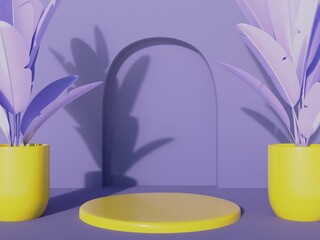 Minimalistic 3d mockup with arch and directional light in purple color with flowers