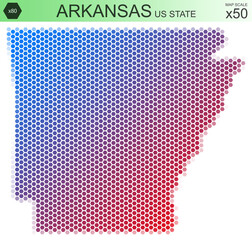 Dotted map of the state of Arkansas in the USA, from hexagons, on a scale of 50x50 elements. With rough edges from the gradient and a smooth gradient from one color to another.