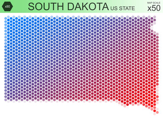 Dotted map of the state of South Dakota in the USA, from hexagons, on a scale of 50x50 elements. With rough edges from the gradient and a smooth gradient from one color to another.