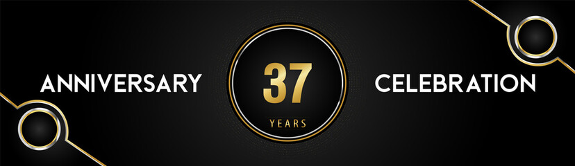 37 years anniversary celebration logotype with gold and silver circle dotted lines and frames on black background. Premium design for weddings, greetings cards, graduation, birthday party, ceremony.