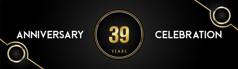 39 years anniversary celebration logotype with gold and silver circle dotted lines and frames on black background. Premium design for weddings, greetings cards, graduation, birthday party, ceremony.