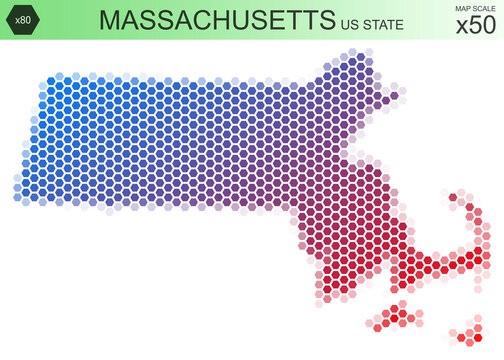 Dotted map of the state of Massachusetts in the USA, from hexagons, on a scale of 50x50 elements. With rough edges from the gradient and a smooth gradient from one color to another.