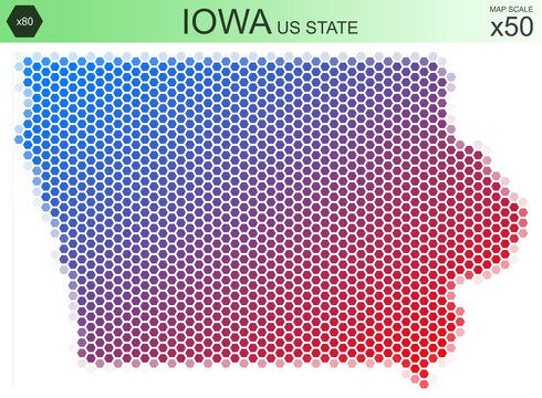 Dotted map of the state of Iowa in the USA, from hexagons, on a scale of 50x50 elements. With rough edges from the gradient and a smooth gradient from one color to another.