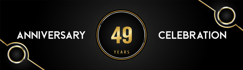 49 years anniversary celebration logotype with gold and silver circle dotted lines and frames on black background. Premium design for weddings, greetings cards, graduation, birthday party, ceremony.