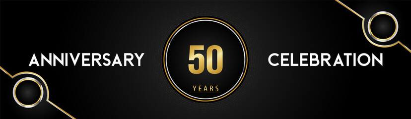 50 years anniversary celebration logotype with gold and silver circle dotted lines and frames on black background. Premium design for weddings, greetings cards, graduation, birthday party, ceremony.