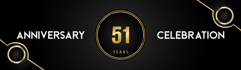 51 years anniversary celebration logotype with gold and silver circle dotted lines and frames on black background. Premium design for weddings, greetings cards, graduation, birthday party, ceremony.