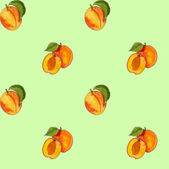 Summer apricots pattern on a green background