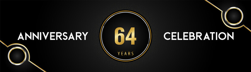 64 years anniversary celebration logotype with gold and silver circle dotted lines and frames on black background. Premium design for weddings, greetings cards, graduation, birthday party, ceremony.