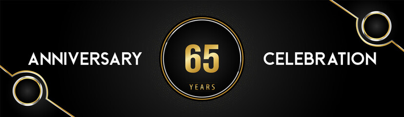 65 years anniversary celebration logotype with gold and silver circle dotted lines and frames on black background. Premium design for weddings, greetings cards, graduation, birthday party, ceremony.
