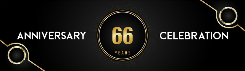 66 years anniversary celebration logotype with gold and silver circle dotted lines and frames on black background. Premium design for weddings, greetings cards, graduation, birthday party, ceremony.