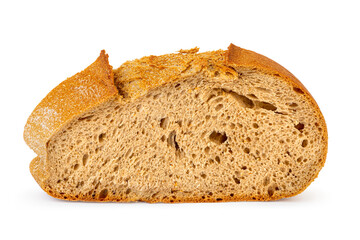 One slice of cutted grain bread with bran and dietary fiber isolated on white. Bakery and calorie...