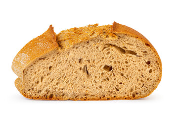One slice of cutted grain bread with bran and dietary fiber isolated on white. Bakery and calorie concept