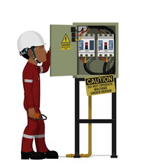 An industrial worker with electrical cabinet on white background